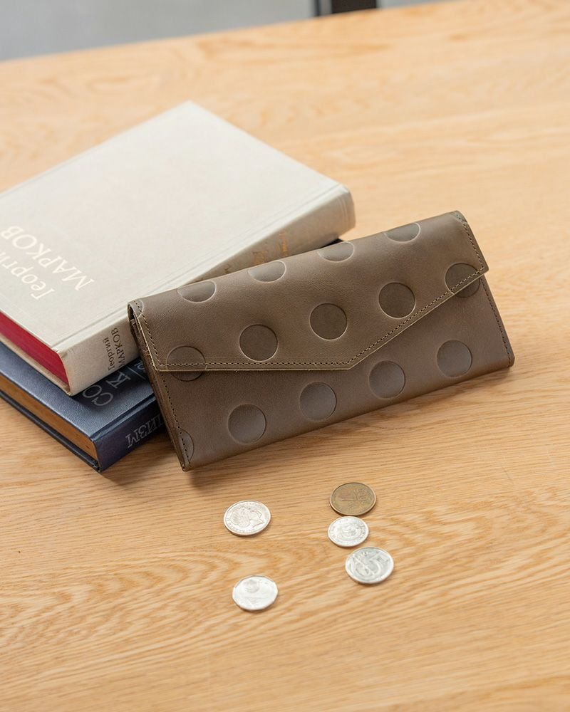 Kanmi Polka Green Leather Long Wallet, made in Japan