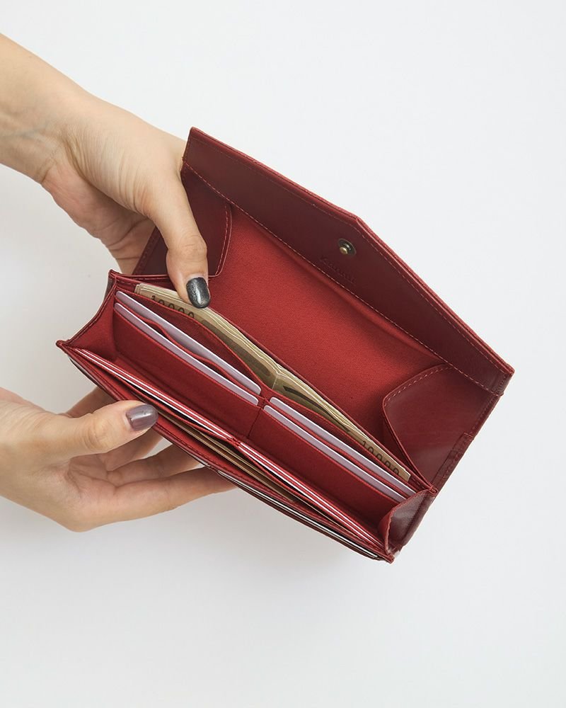 Kanmi Polka Green Leather Long Wallet, made in Japan