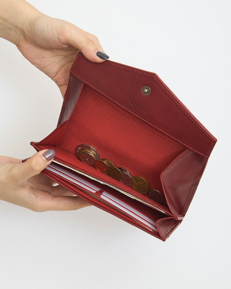 Kanmi Polka Green Leather Long Wallet, made in Japan