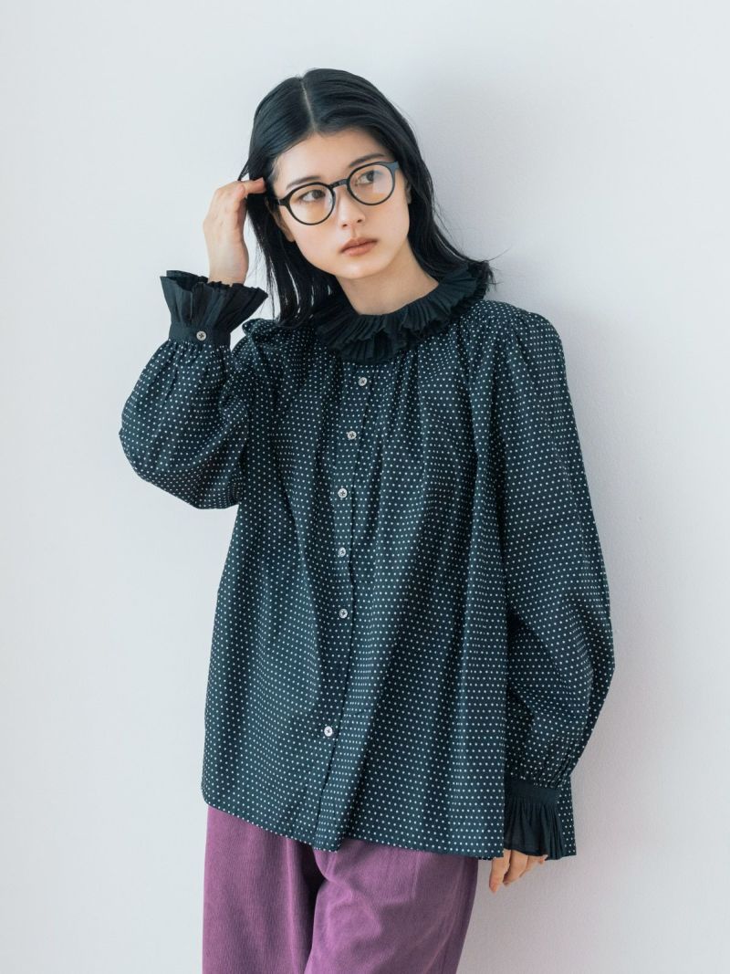 PONT DE CHALONS Black Polka Frill Collar Shirt