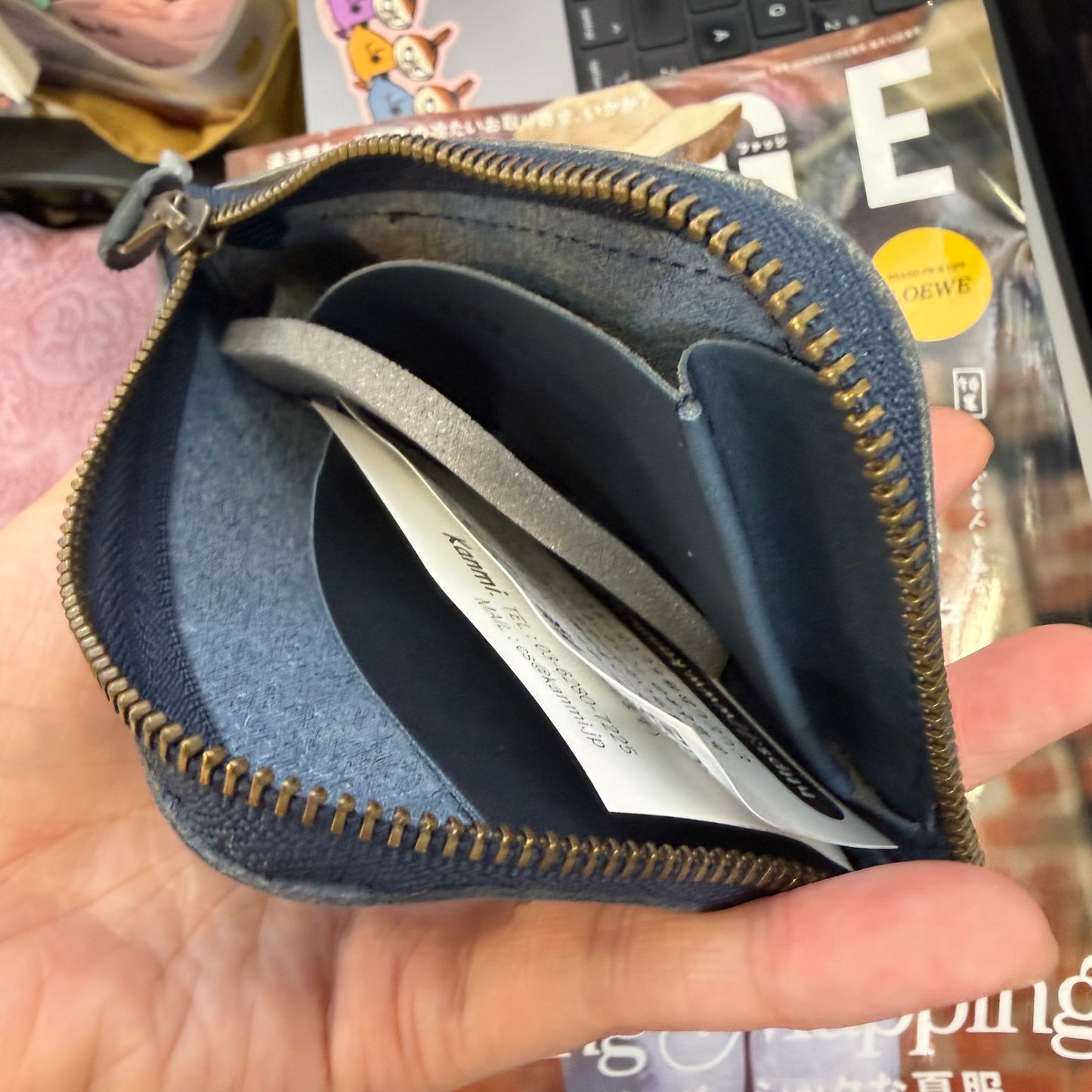 Kanmi Polka Leather Navy Card Holder, made in Japan