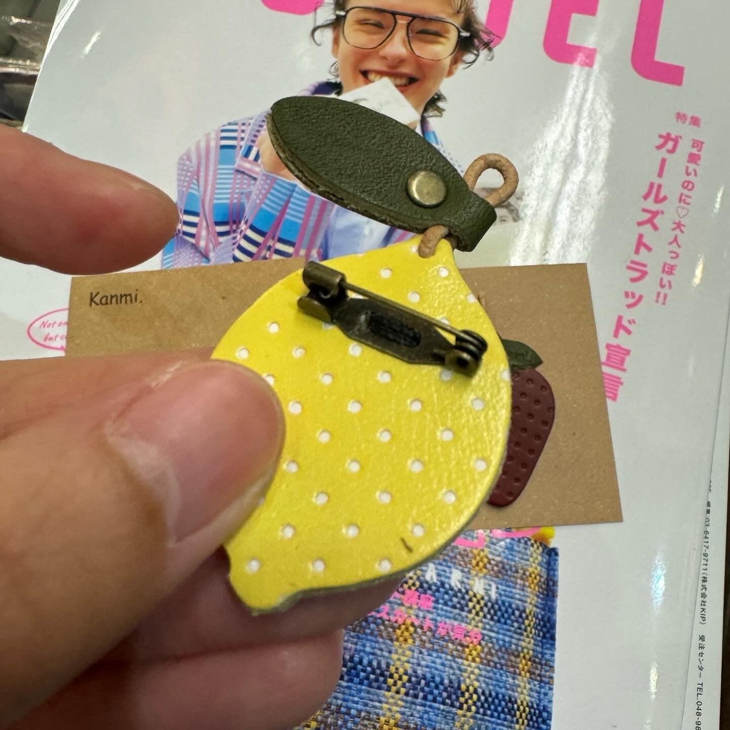 Kanmi Leather Lemon and Strawberry Brooches, made in Japan