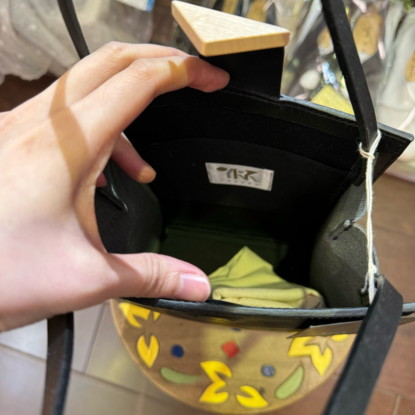 Sale- YURUKU Black Leather x Wood Buckle Handbag, made in Japan