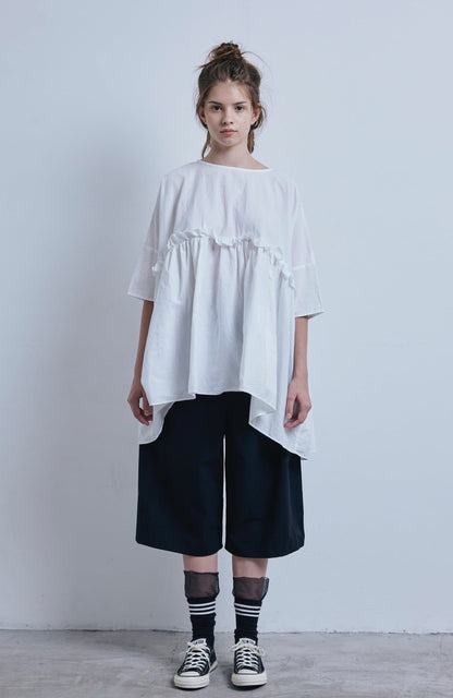 Sale- (g) Frill White Gather Tunic Top, made in Japan
