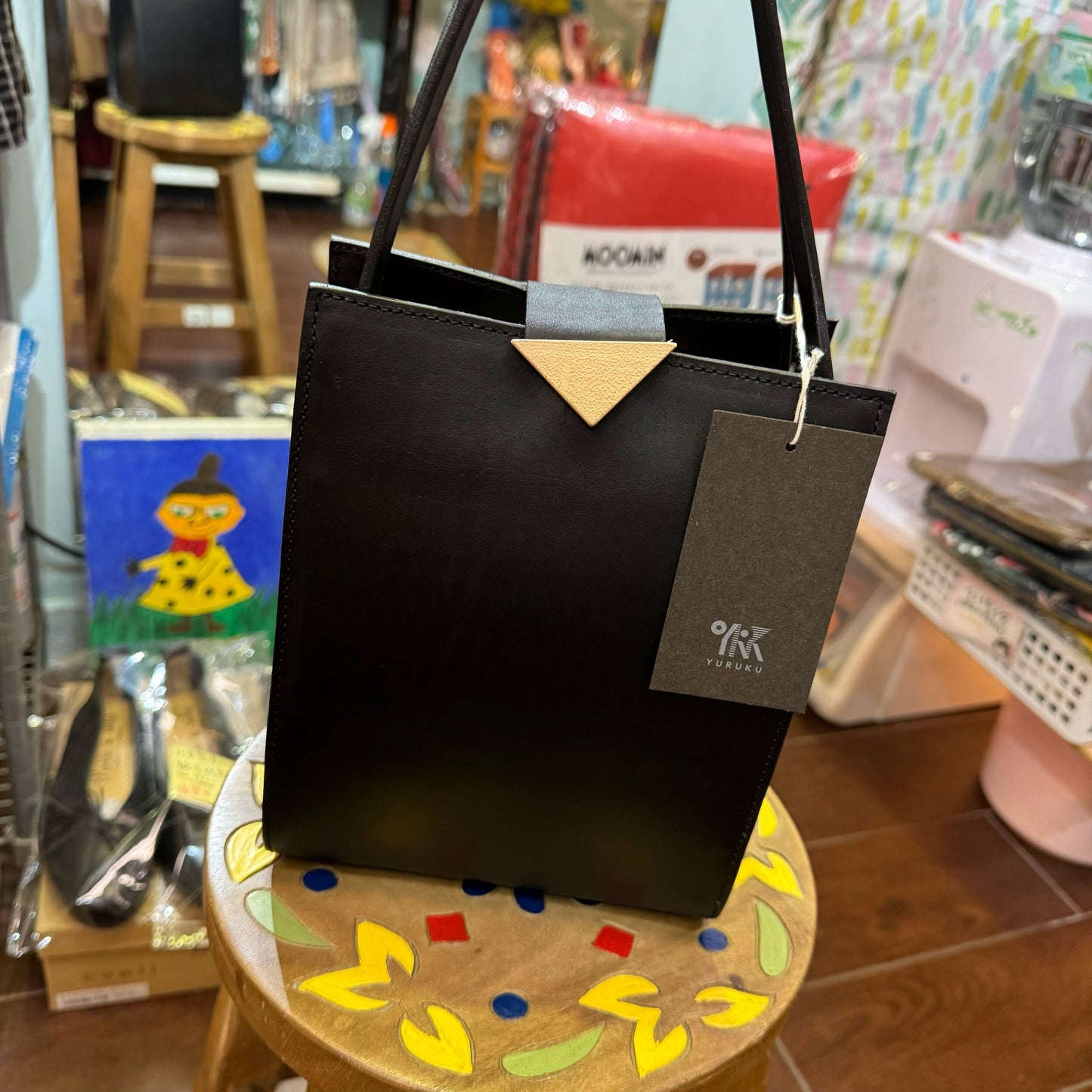 Sale- YURUKU Black Leather x Wood Buckle Handbag, made in Japan