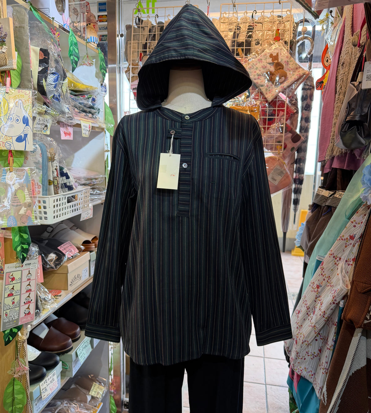 VM Green Striped Hoodie Blouse, made in Japan