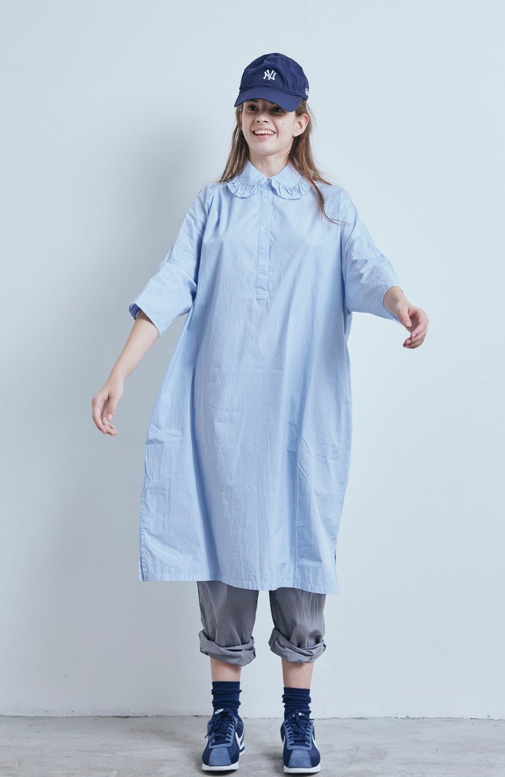 Sale- (g) Blue Striped Frill Collar Dress, made in Japan