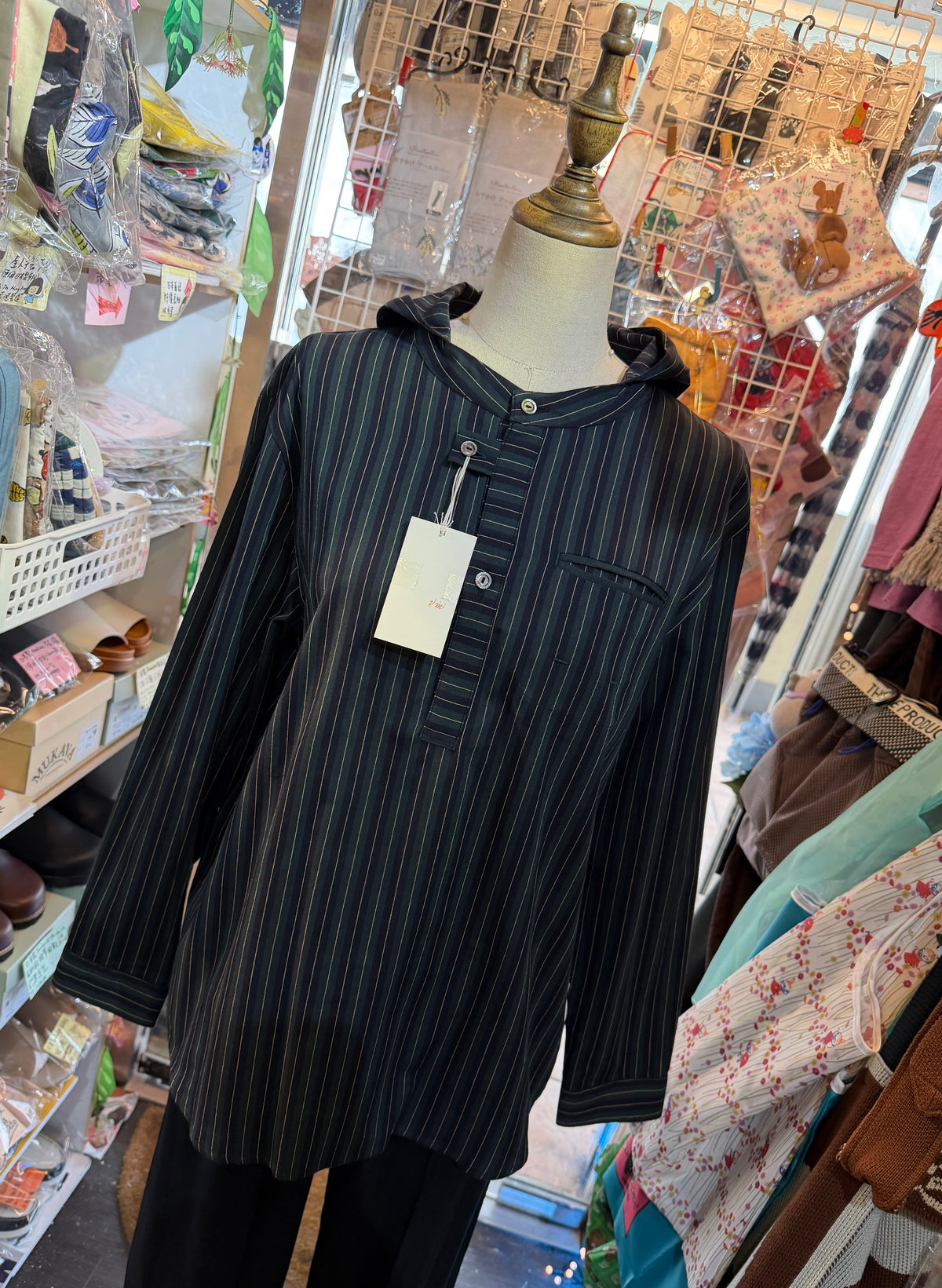 VM Green Striped Hoodie Blouse, made in Japan