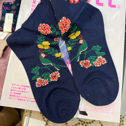 $99 only- Ande Floral and Bird Navy Socks, made in Japan