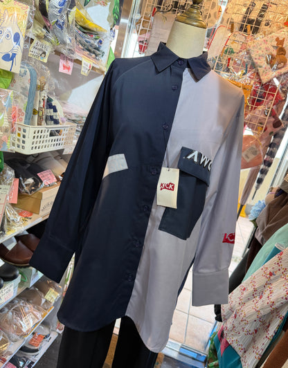 KICK Blue Patchwork Long Army Shirt, made in Japan