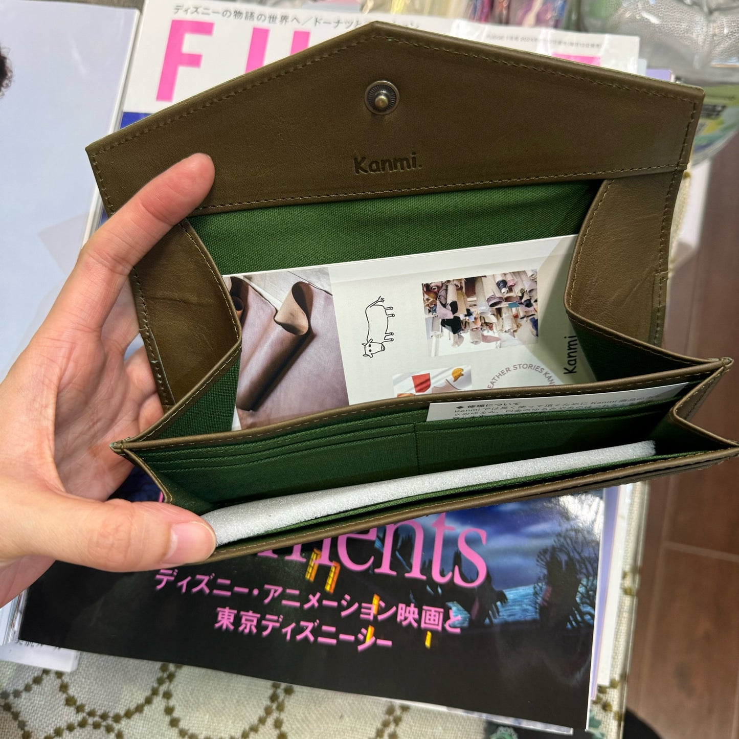 Kanmi Polka Green Leather Long Wallet, made in Japan
