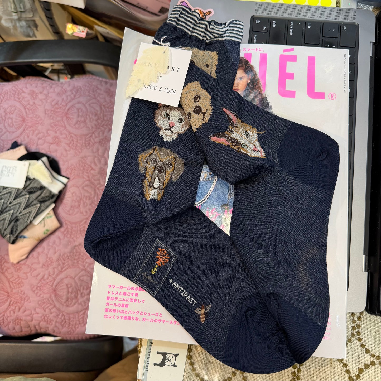 Antipast X Coral & Tusk Cats and Dogs Navy Socks, made in Japan