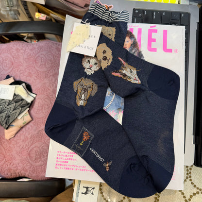 Antipast X Coral & Tusk Cats and Dogs Navy Socks, made in Japan