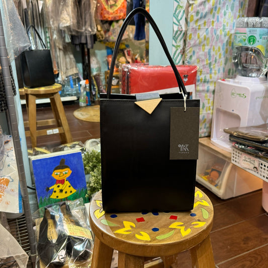 Sale- YURUKU Black Leather x Wood Buckle Handbag, made in Japan
