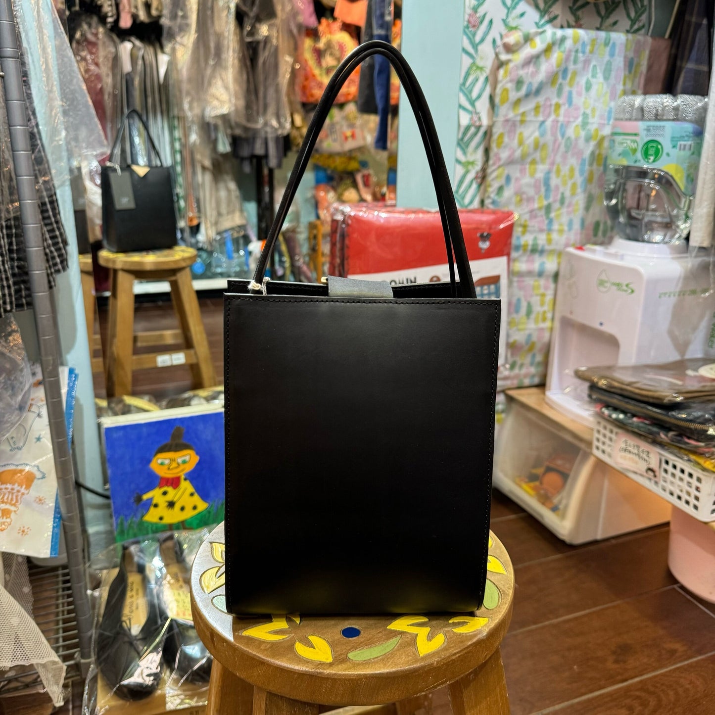 Sale- YURUKU Black Leather x Wood Buckle Handbag, made in Japan
