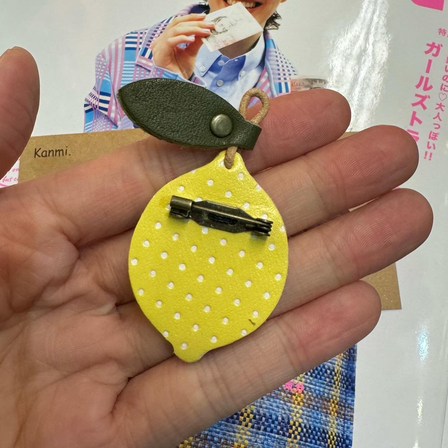 Kanmi Leather Lemon and Strawberry Brooches, made in Japan