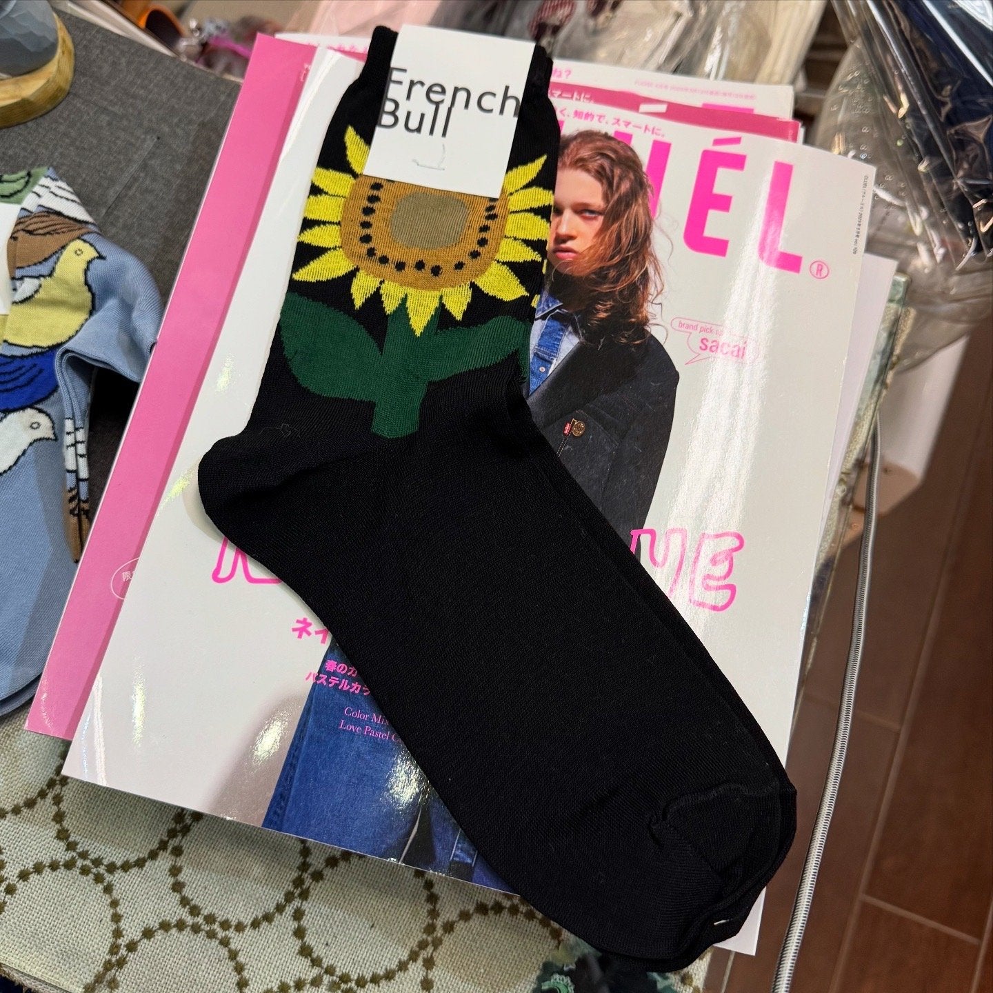 French Bull Sun Flower Black Socks, made in Japan