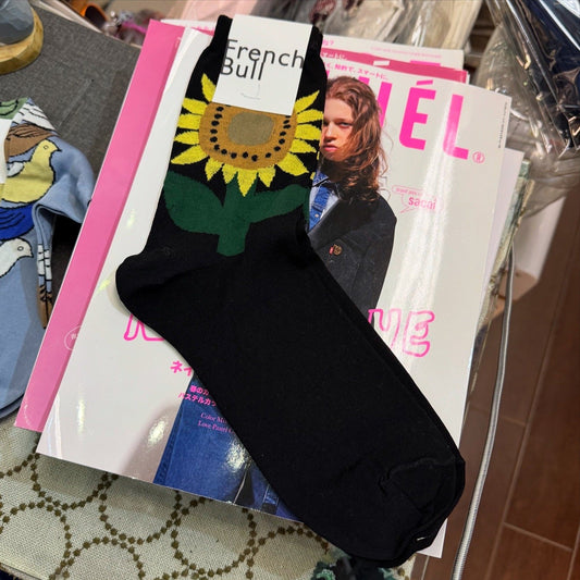 French Bull Sun Flower Black Socks, made in Japan
