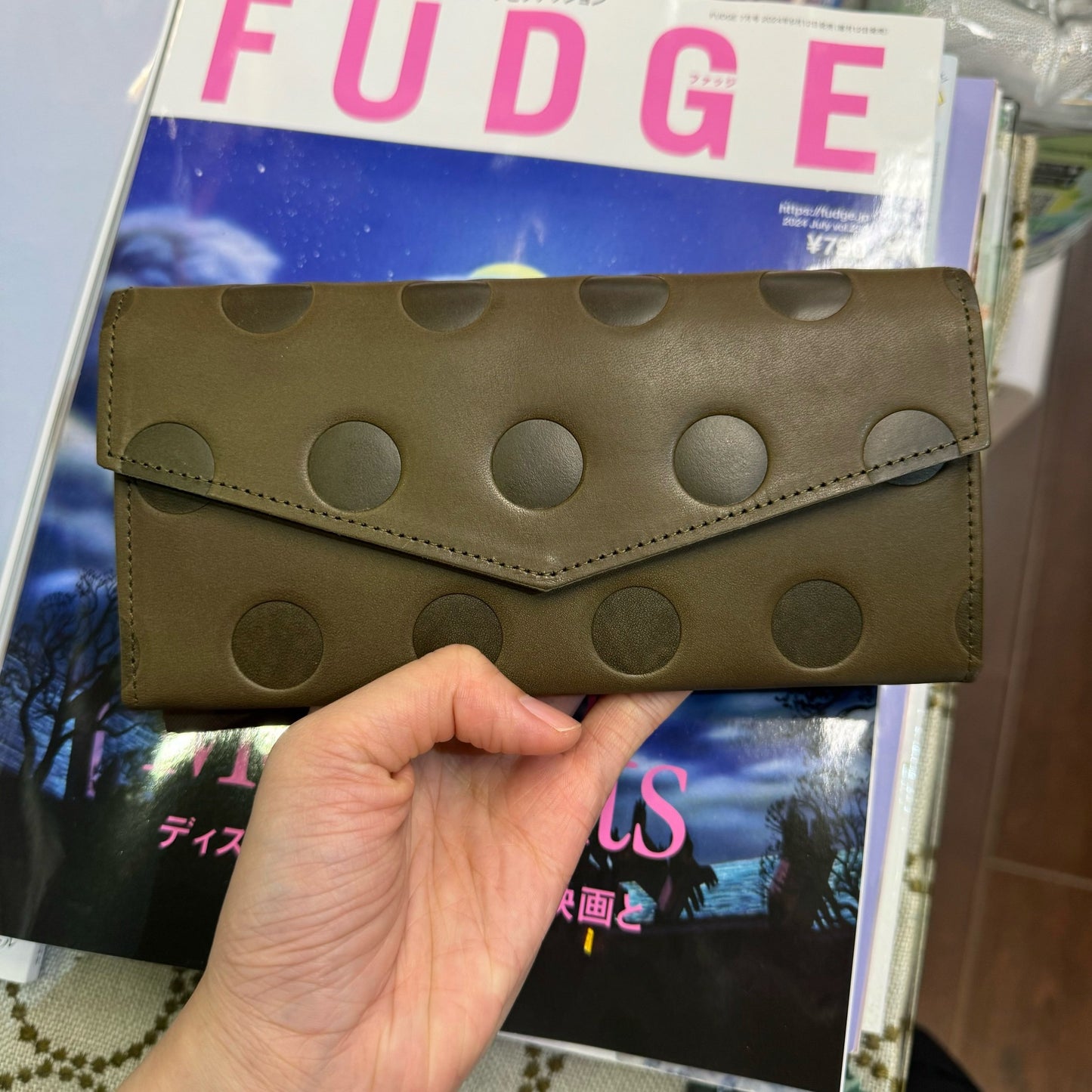 Kanmi Polka Green Leather Long Wallet, made in Japan