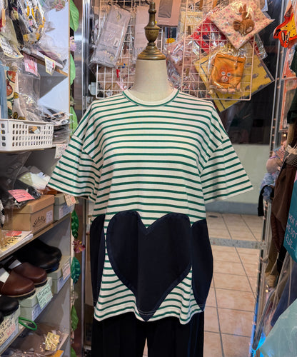 Summer Sale- Drowse and yet… Striped Heart T-shirt, made in Japan
