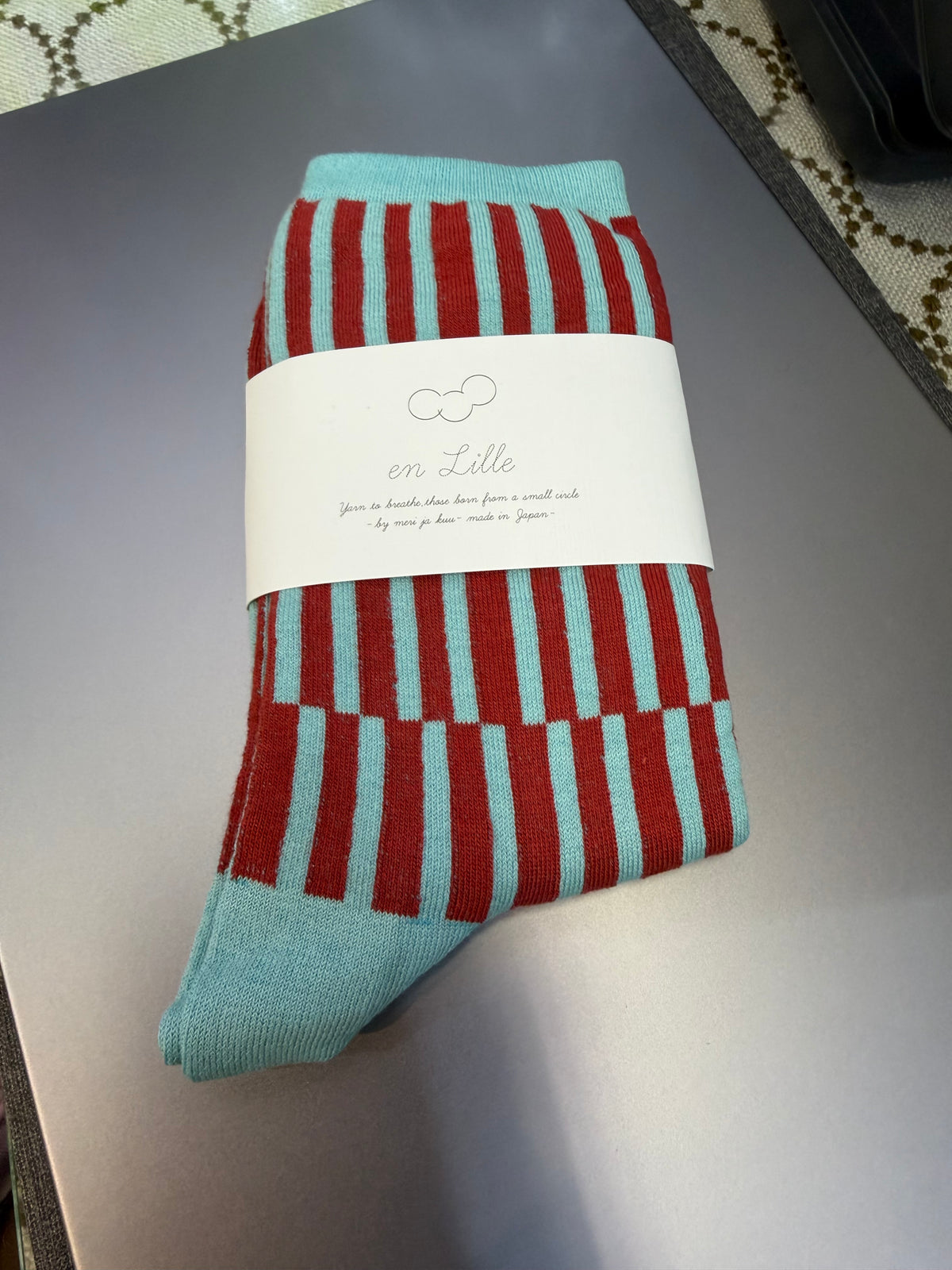 En Lille Blue X Wine Striped Socks, made in Japan