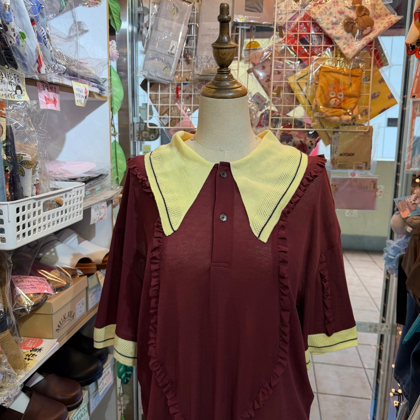 Megmiura Wine Wavy Frill Polo Shirt, made in Japan, size 40