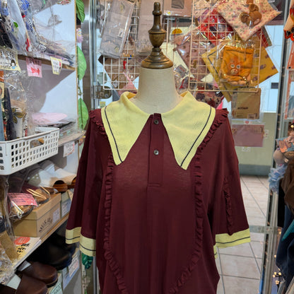 Megmiura Wine Wavy Frill Polo Shirt, made in Japan, size 40