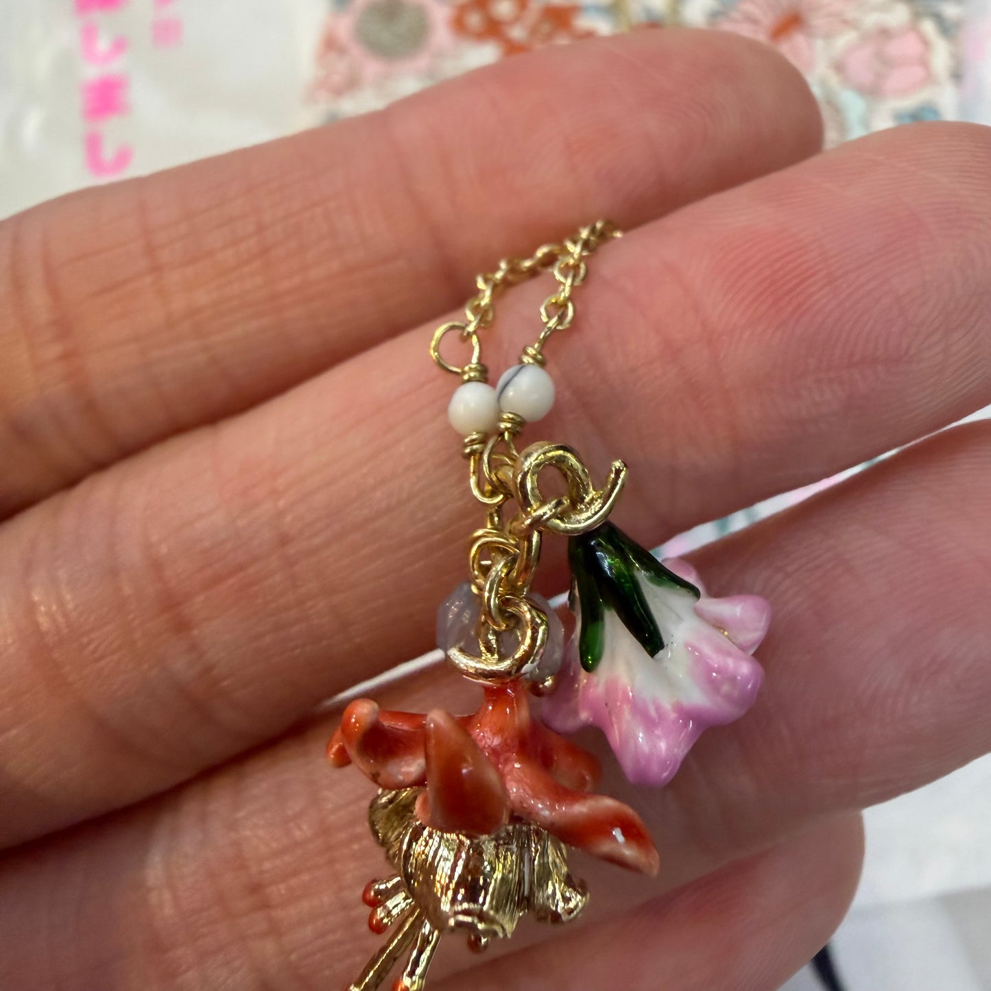 Les Néréides Paris Fuchsia Flower 18ct Gold Necklace, imported from the UK