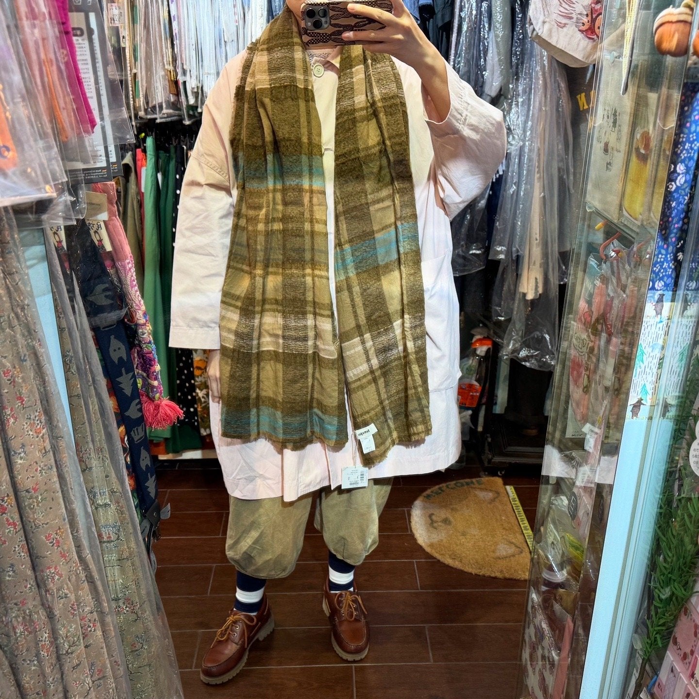 Tumugu Cotton Wool Beige Checked Stole, Scarf, made in Japan