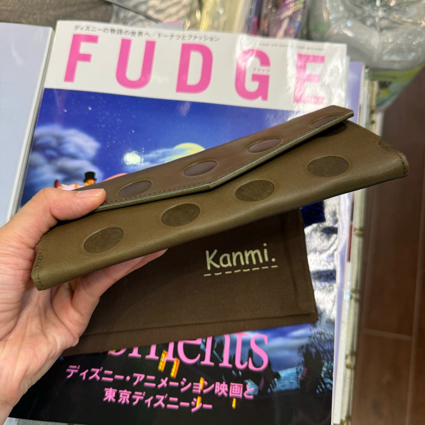 Kanmi Polka Green Leather Long Wallet, made in Japan