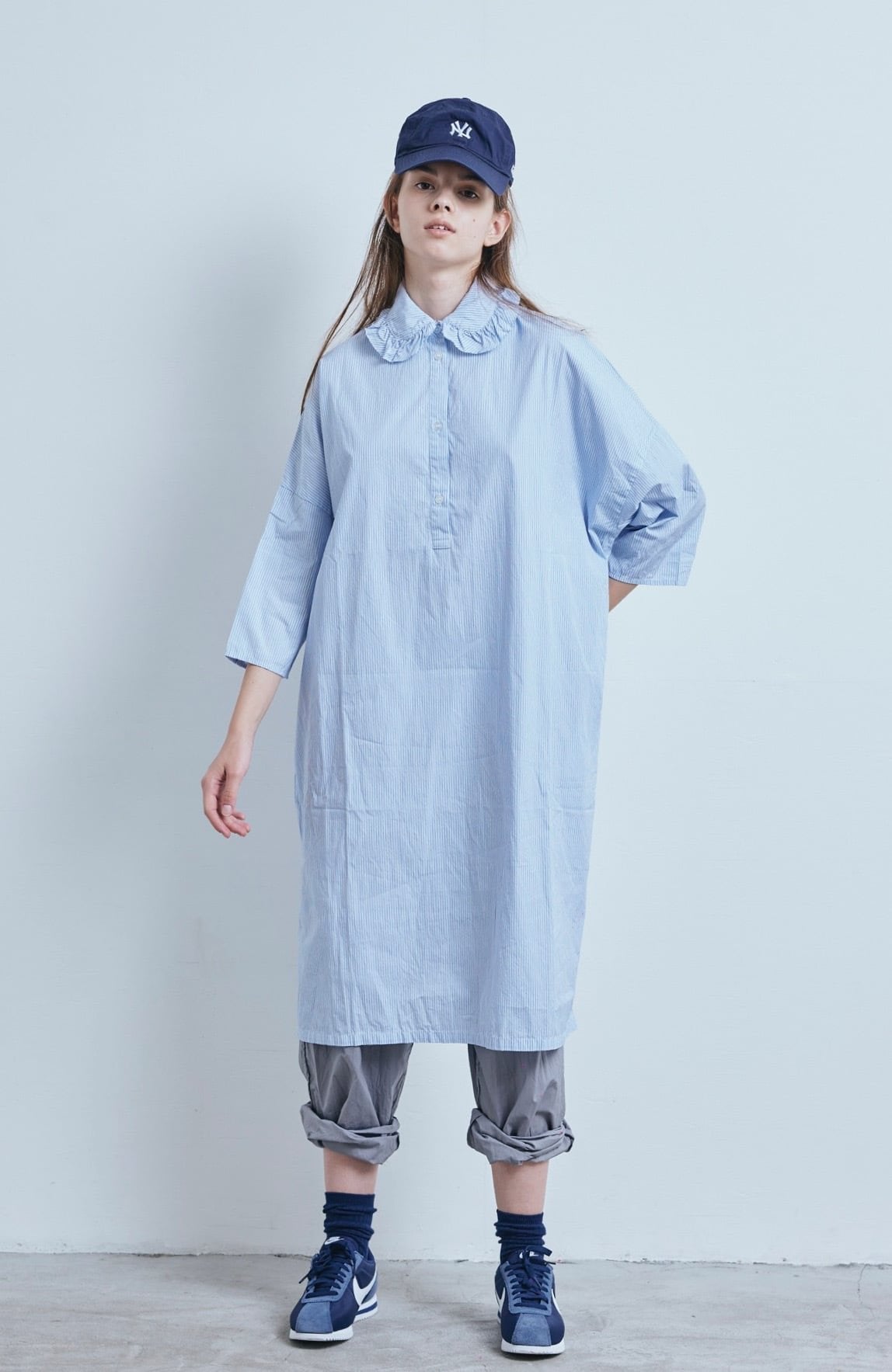 Sale- (g) Blue Striped Frill Collar Dress, made in Japan