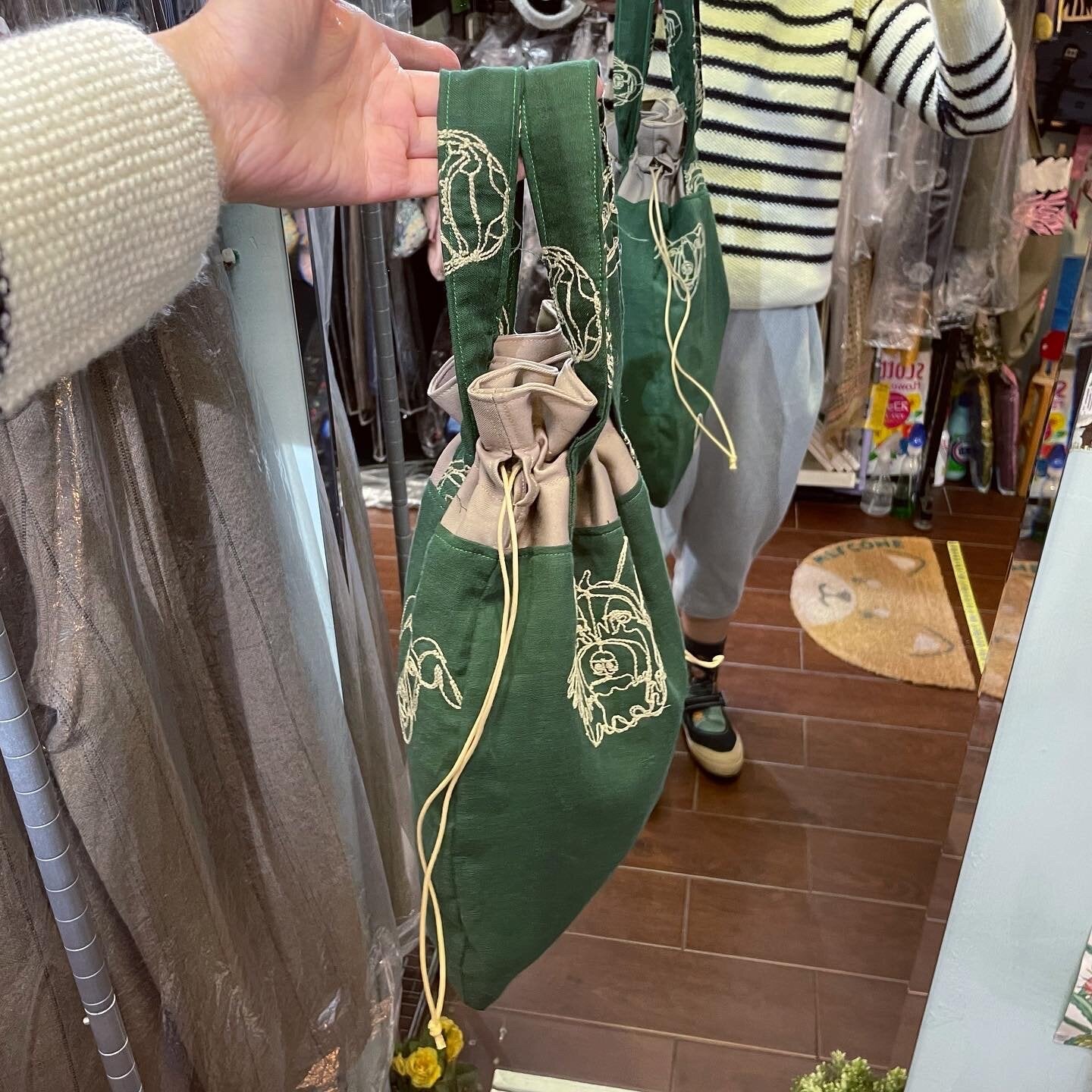Handmade Dots Embroidery Green Bag,  fabric from Japan