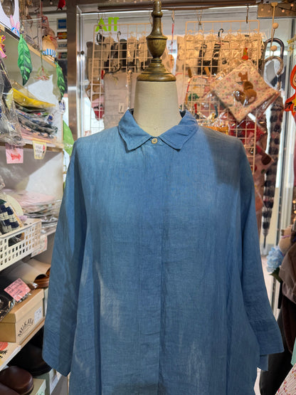 Denier Blue Indigo Dyeing Linen Long Shirt, made in Japan