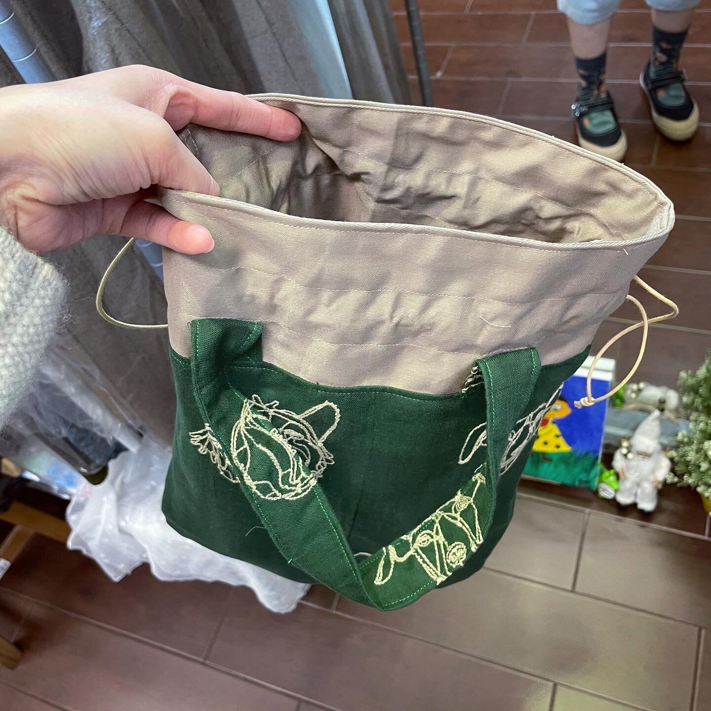 Handmade Dots Embroidery Green Bag,  fabric from Japan