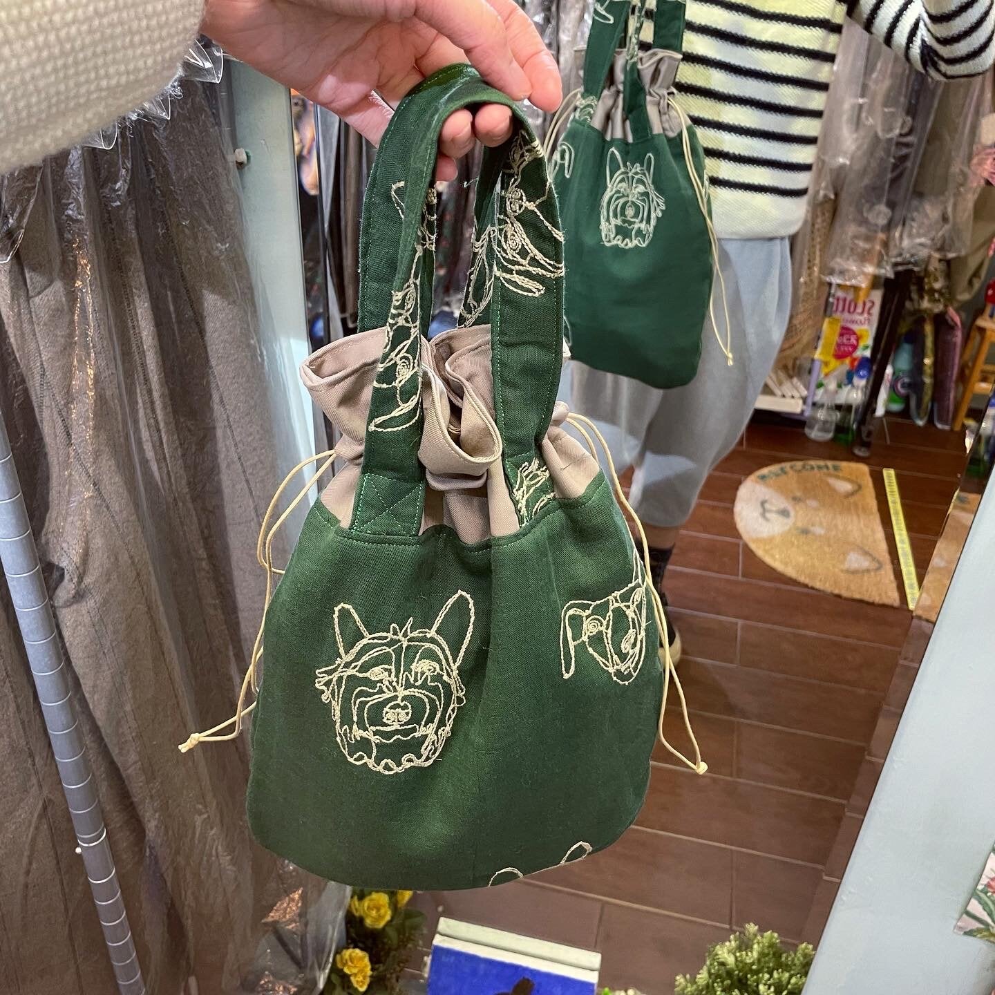 Handmade Dots Embroidery Green Bag,  fabric from Japan