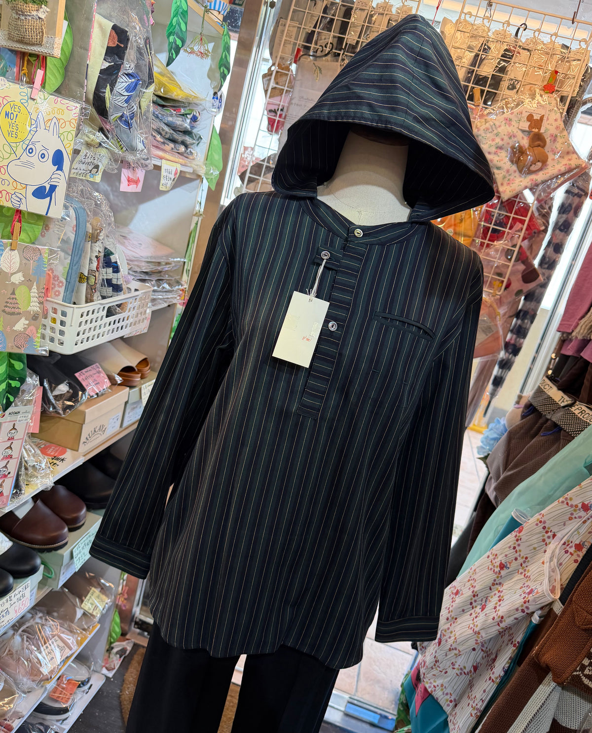 VM Green Striped Hoodie Blouse, made in Japan