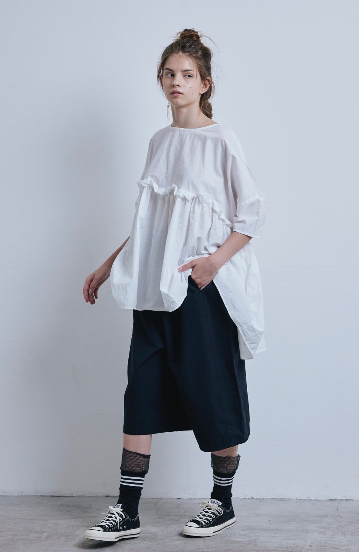 (g) Frill White Gather Tunic, made in Japan
