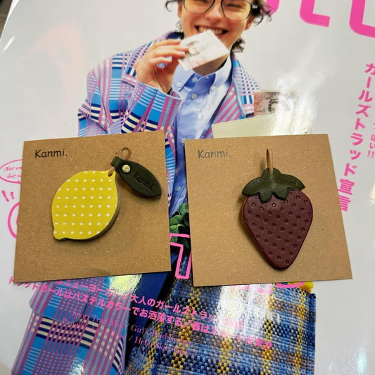 Kanmi Leather Lemon and Strawberry Brooches, made in Japan
