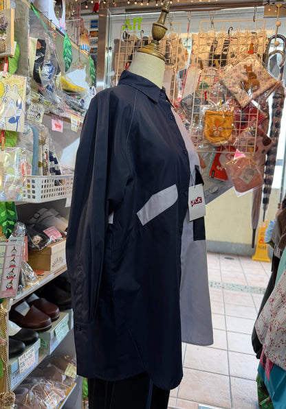 KICK Blue Patchwork Long Army Shirt, made in Japan