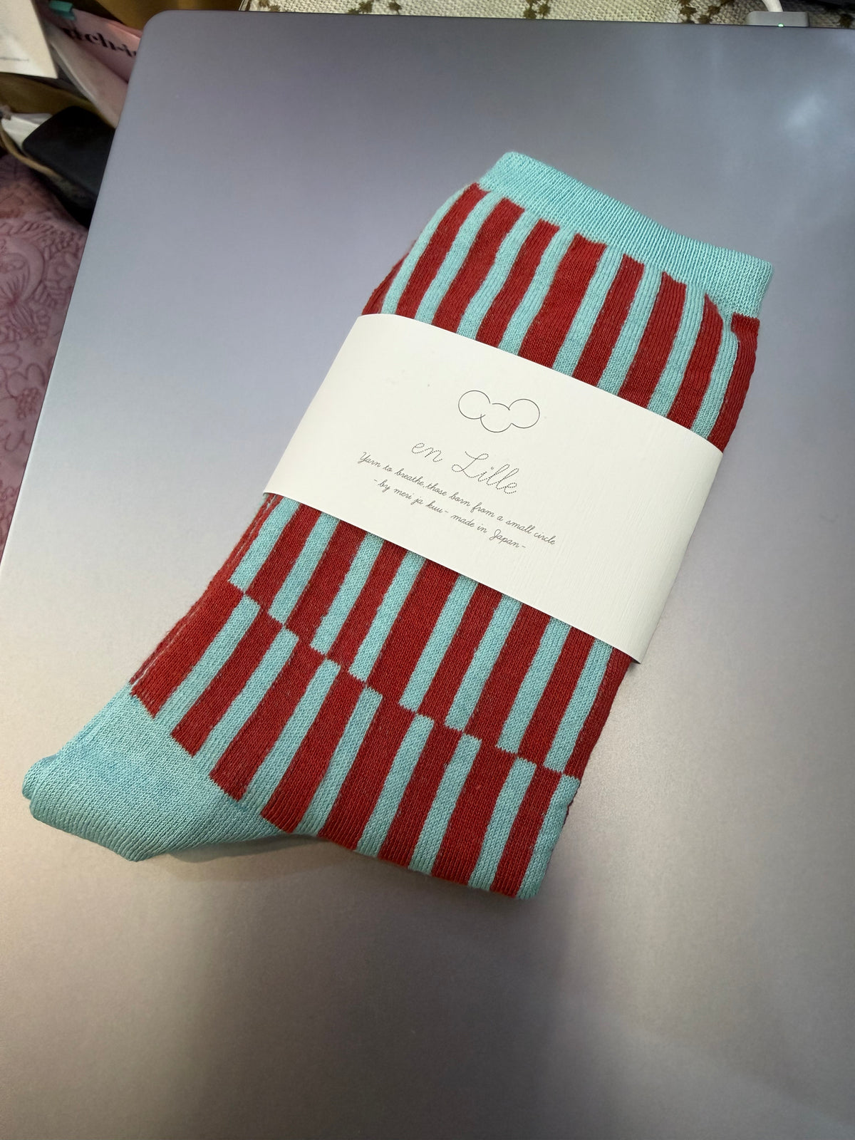 En Lille Blue X Wine Striped Socks, made in Japan