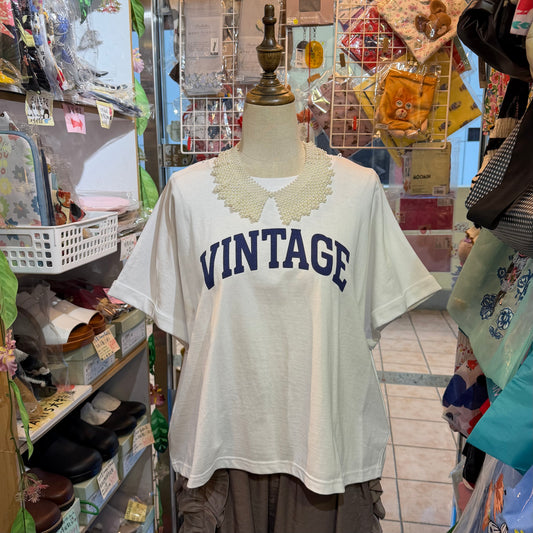 TRANOI. Vintage T-shirt, Incl. Faux Pearl Necklace, 4 Colors, made in Korea