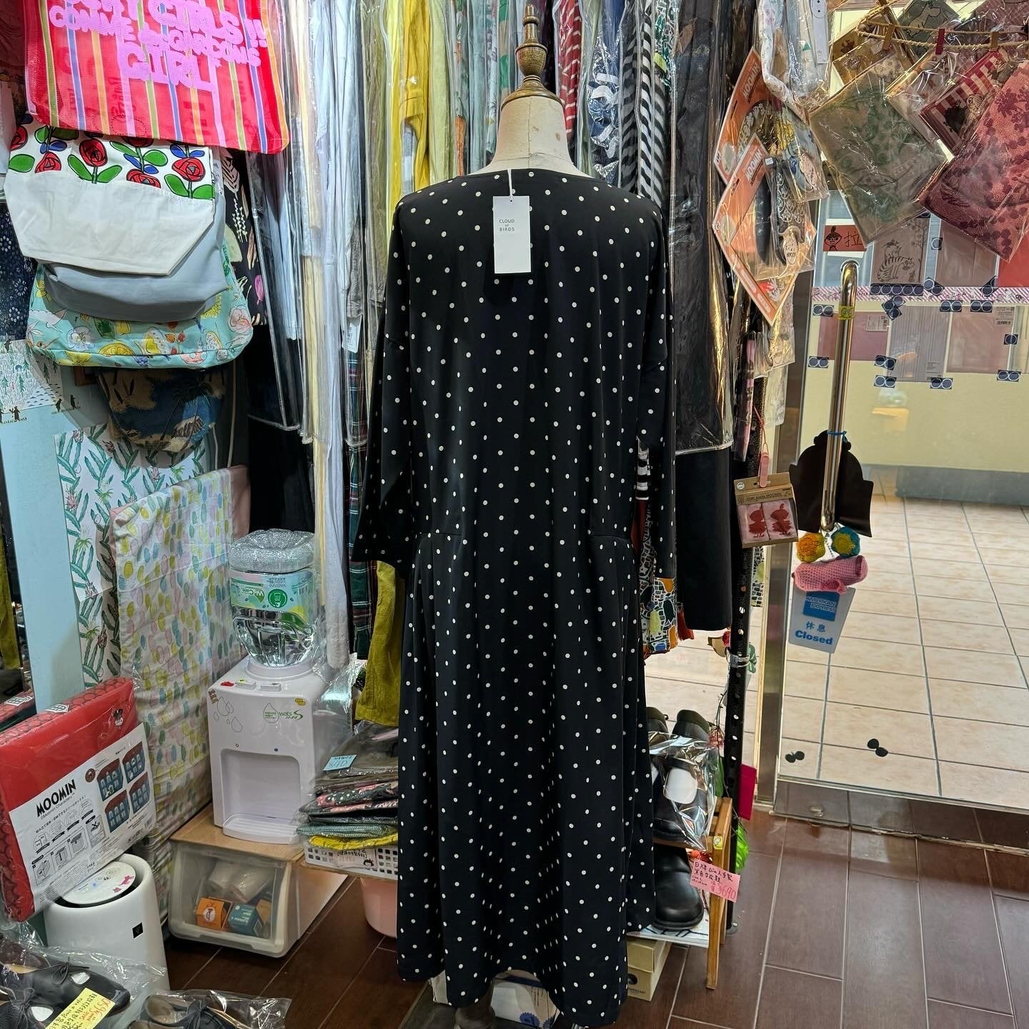 Cloud of Birds Polka Black Dress, made in Japan
