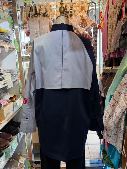 KICK Blue Patchwork Long Army Shirt, made in Japan
