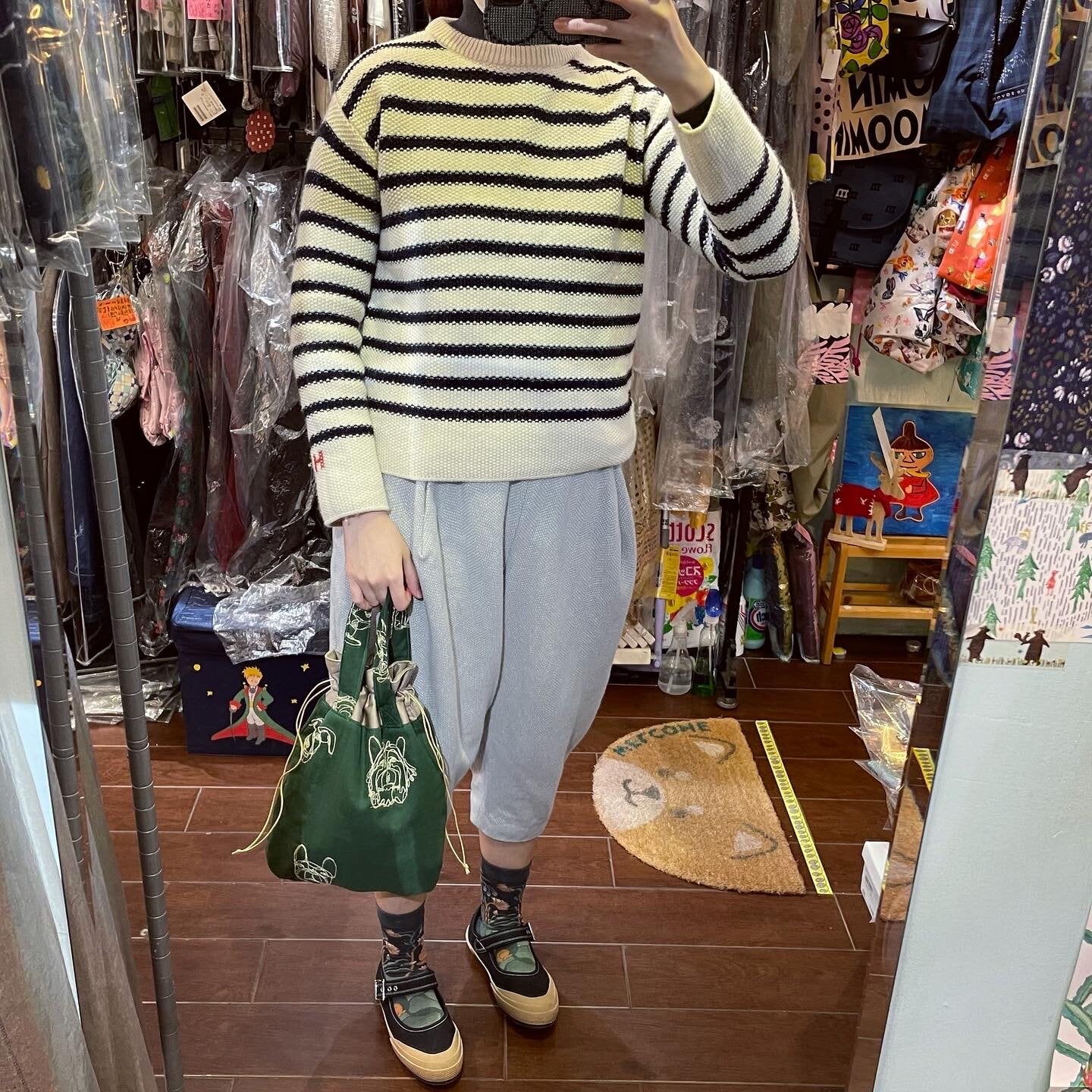 Handmade Dots Embroidery Green Bag,  fabric from Japan