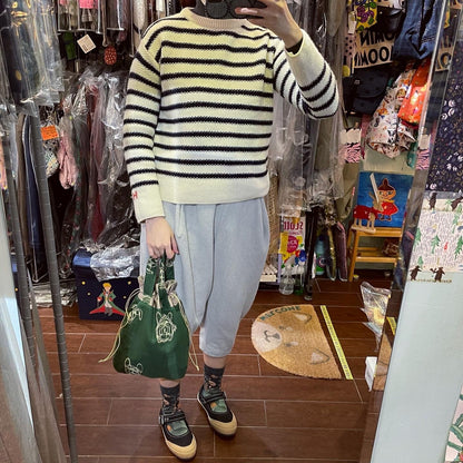 Handmade Dots Embroidery Green Bag,  fabric from Japan
