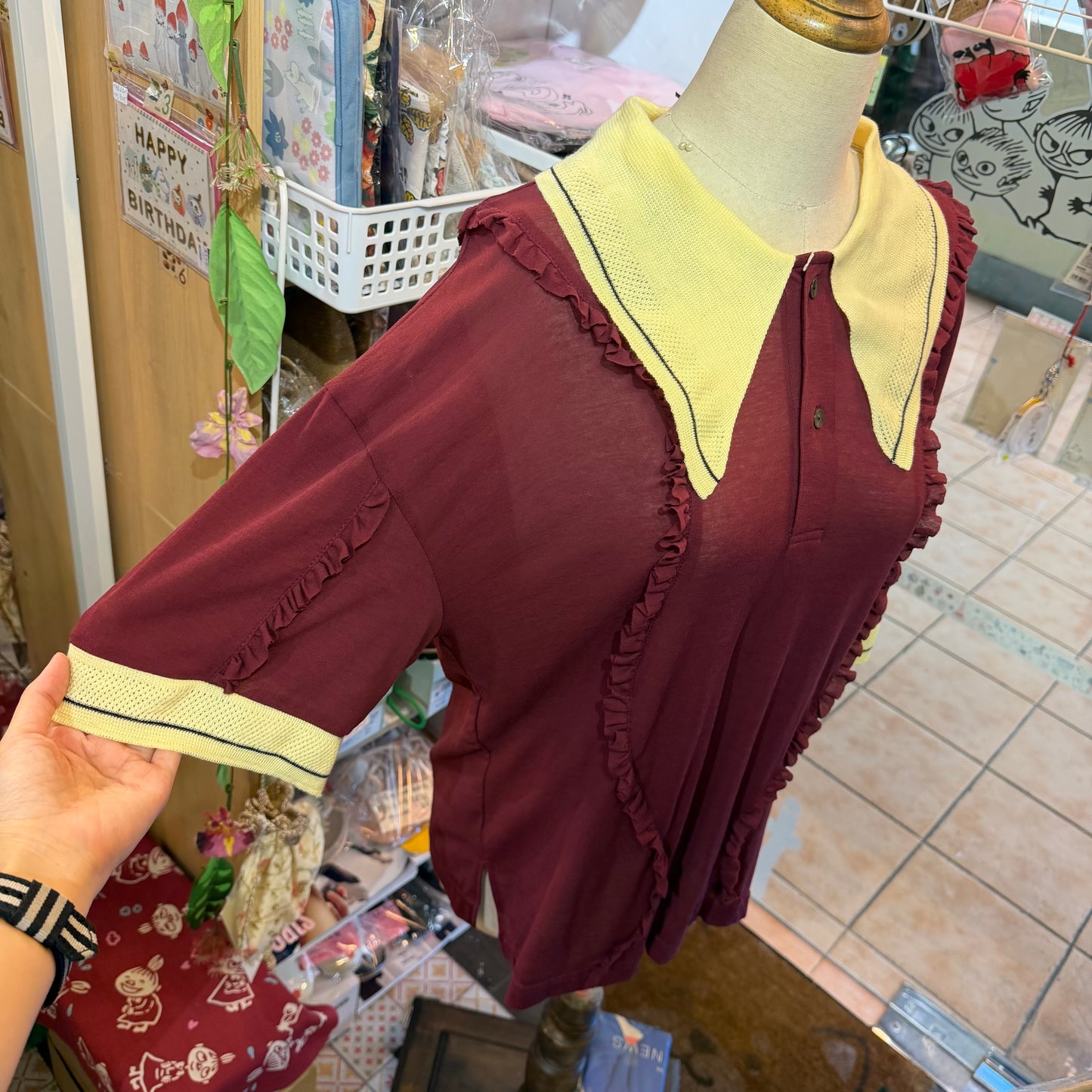 Megmiura Wine Wavy Frill Polo Shirt, made in Japan, size 40