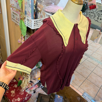 Megmiura Wine Wavy Frill Polo Shirt, made in Japan, size 40