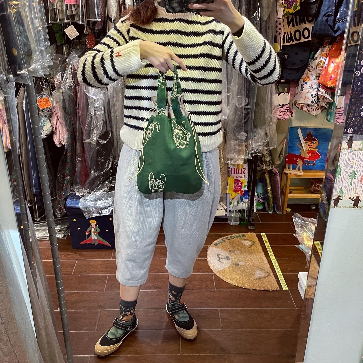 Handmade Dots Embroidery Green Bag,  fabric from Japan