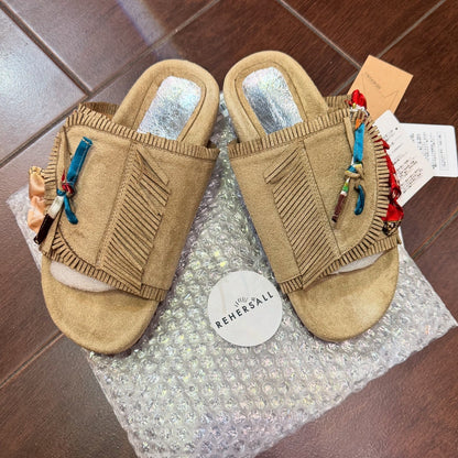 Sale- Rehersall Beige Frill Suede Sandal,Size 23.5, 24cm