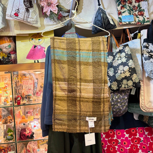 Tumugu Cotton Wool Beige Checked Stole, Scarf, made in Japan